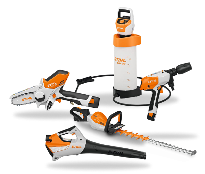 Les 5 produits du pack STIHL : élagueur, taille-haie, nettoyeur haute pression, pulvérisateur et souffleur